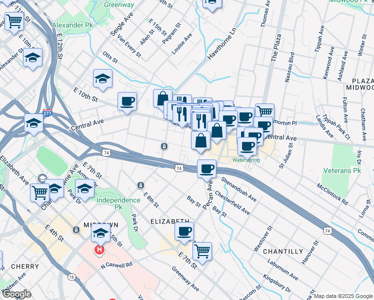 map of restaurants, bars, coffee shops, grocery stores, and more near 1812 Sunnyside Avenue in Charlotte