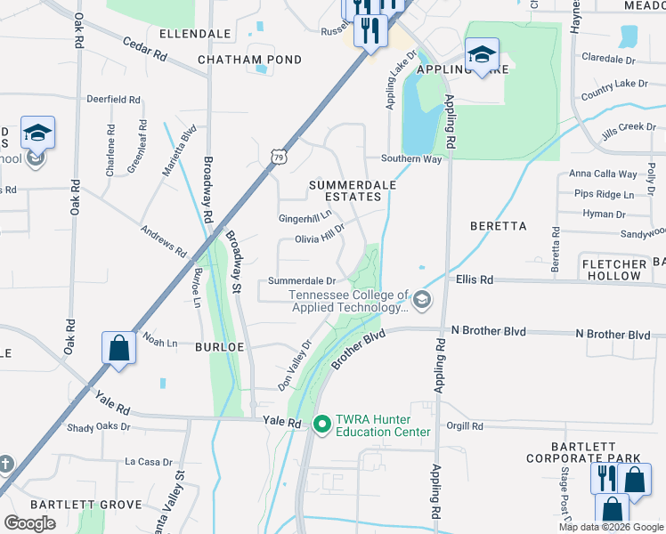 map of restaurants, bars, coffee shops, grocery stores, and more near 7471 Olivia Hill Drive in Memphis