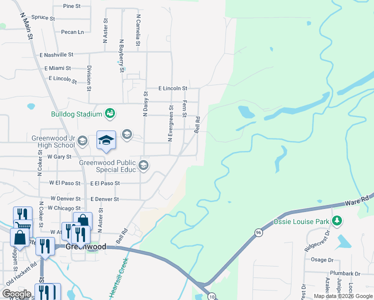map of restaurants, bars, coffee shops, grocery stores, and more near 526 Bell Road in Greenwood