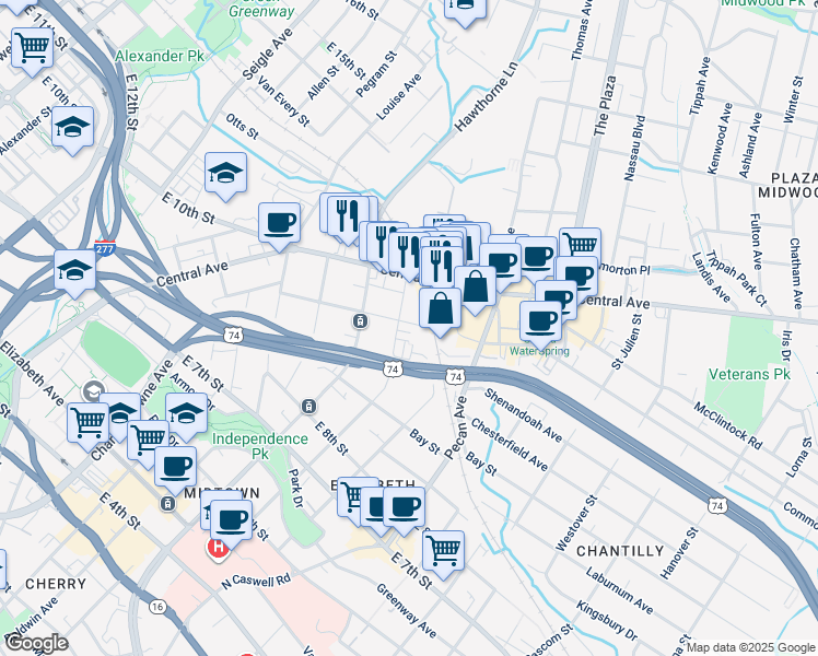 map of restaurants, bars, coffee shops, grocery stores, and more near 1812 Sunnyside Avenue in Charlotte