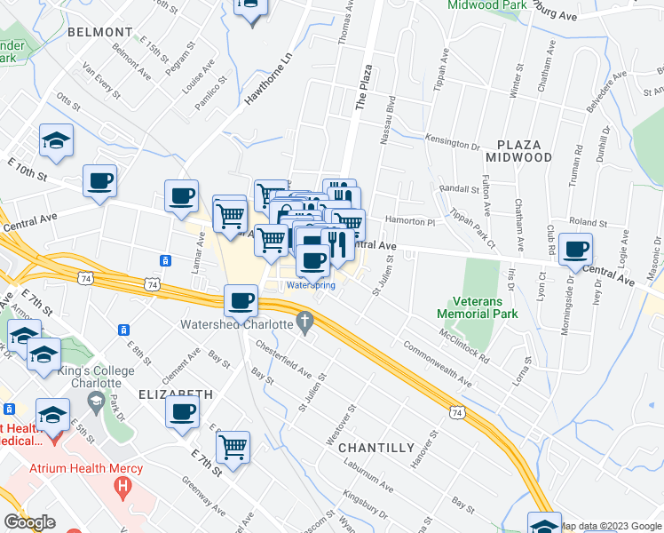 map of restaurants, bars, coffee shops, grocery stores, and more near The Plaza & McClintock Rd in Charlotte