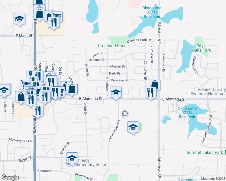 map of restaurants, bars, coffee shops, grocery stores, and more near 1902 Vanessa Drive in Norman