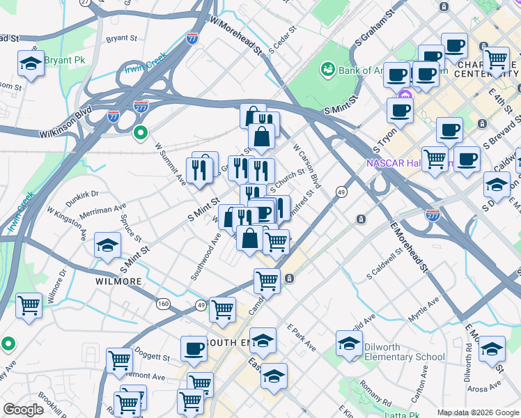 map of restaurants, bars, coffee shops, grocery stores, and more near 1331 South Mint Street in Charlotte