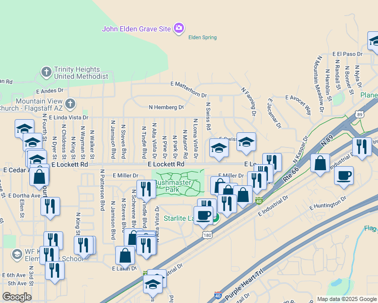 map of restaurants, bars, coffee shops, grocery stores, and more near 3450 North Manor Road in Flagstaff