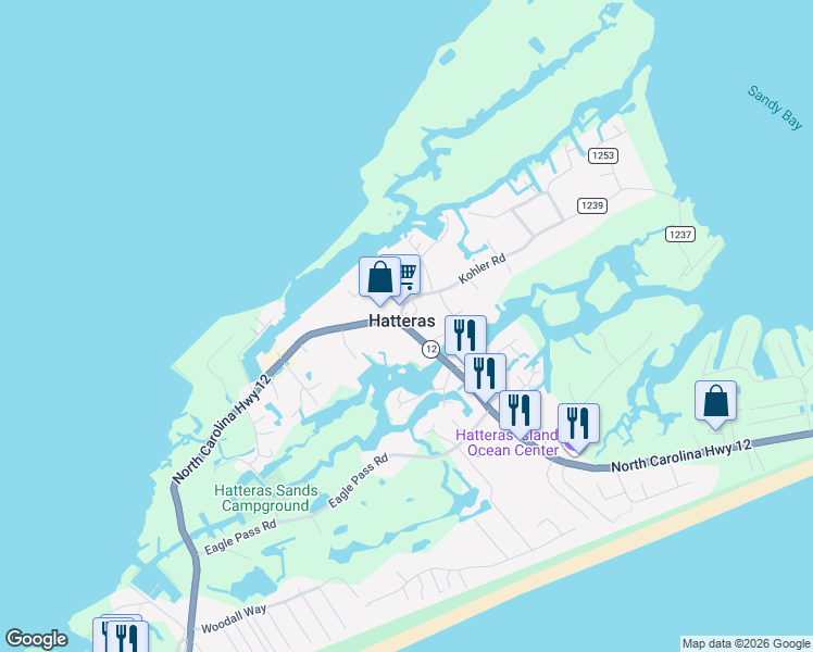 map of restaurants, bars, coffee shops, grocery stores, and more near in Hatteras