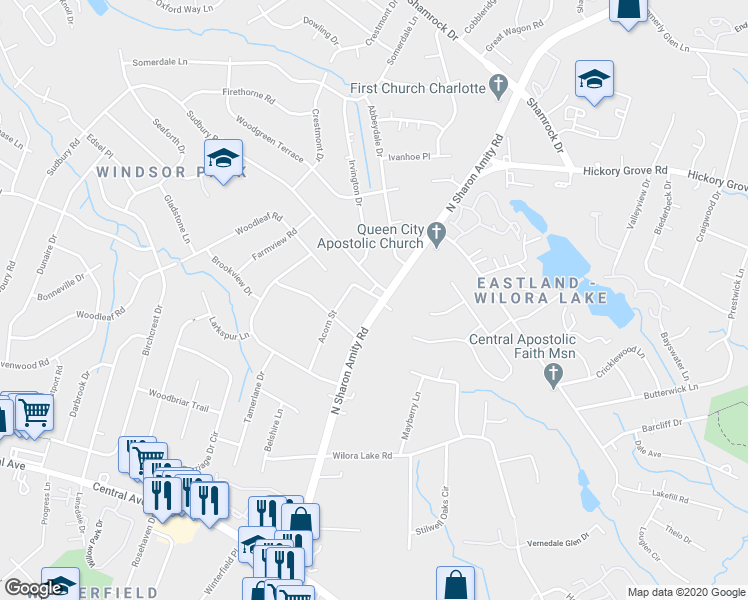 map of restaurants, bars, coffee shops, grocery stores, and more near 4339 North Sharon Amity Road in Charlotte