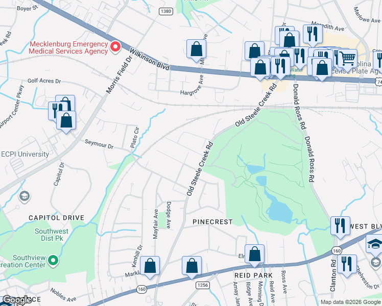 map of restaurants, bars, coffee shops, grocery stores, and more near in Charlotte