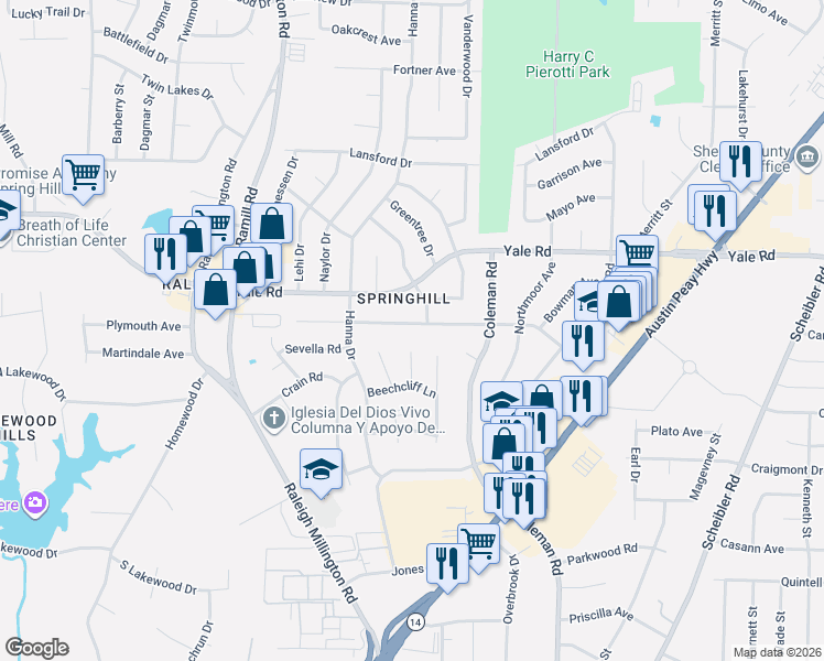 map of restaurants, bars, coffee shops, grocery stores, and more near 4292 Riche Road in Memphis