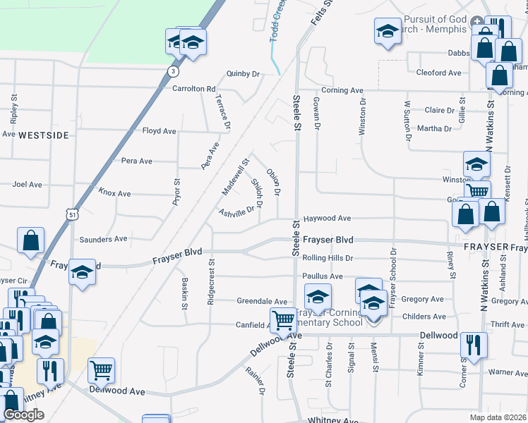 map of restaurants, bars, coffee shops, grocery stores, and more near 3457 Obion Drive in Memphis