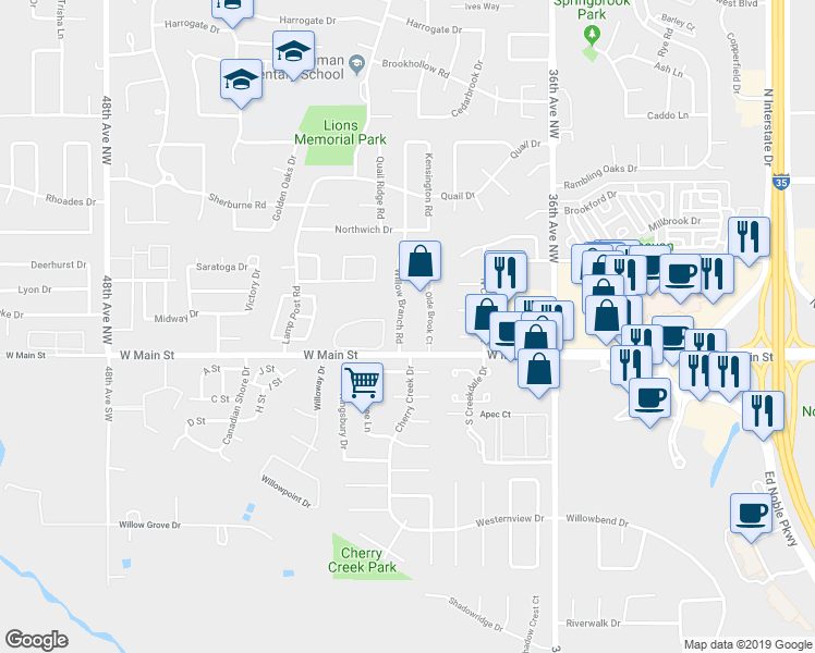 map of restaurants, bars, coffee shops, grocery stores, and more near 203 Willow Branch Road in Norman