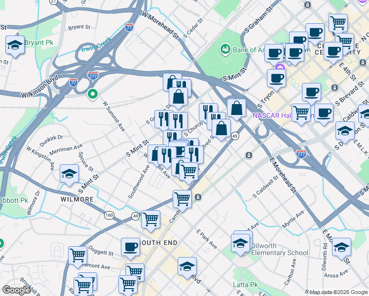map of restaurants, bars, coffee shops, grocery stores, and more near 652 Penn Street in Charlotte