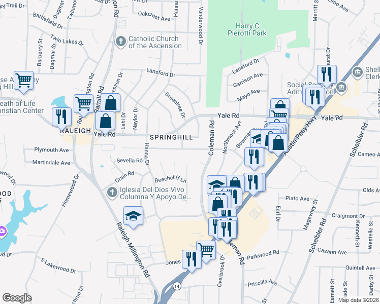 map of restaurants, bars, coffee shops, grocery stores, and more near 4331 Riche Road in Memphis
