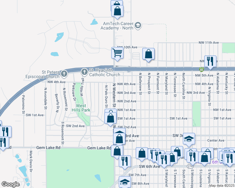 map of restaurants, bars, coffee shops, grocery stores, and more near 210 North Western Street in Amarillo