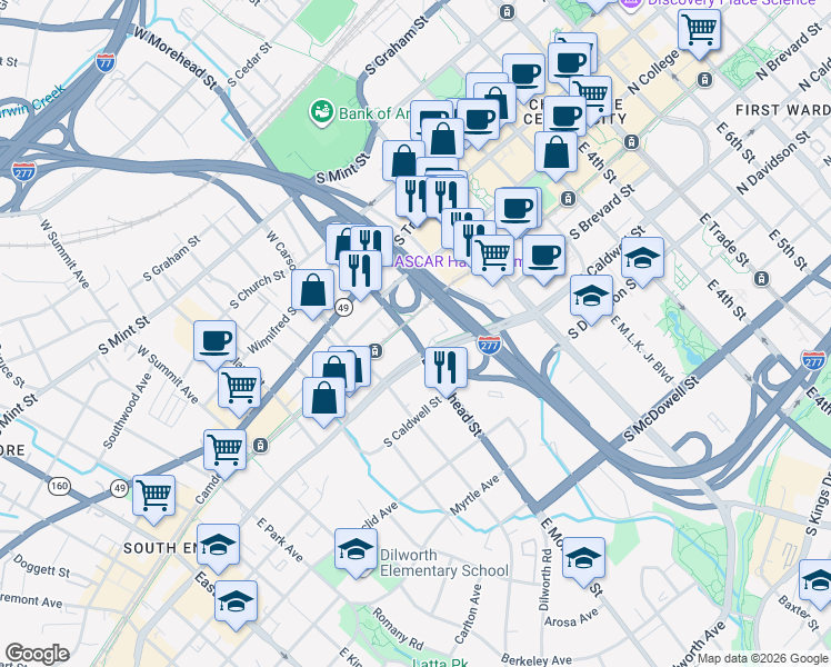 map of restaurants, bars, coffee shops, grocery stores, and more near in Charlotte