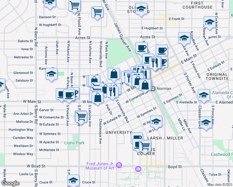 map of restaurants, bars, coffee shops, grocery stores, and more near 300 West Gray Street in Norman