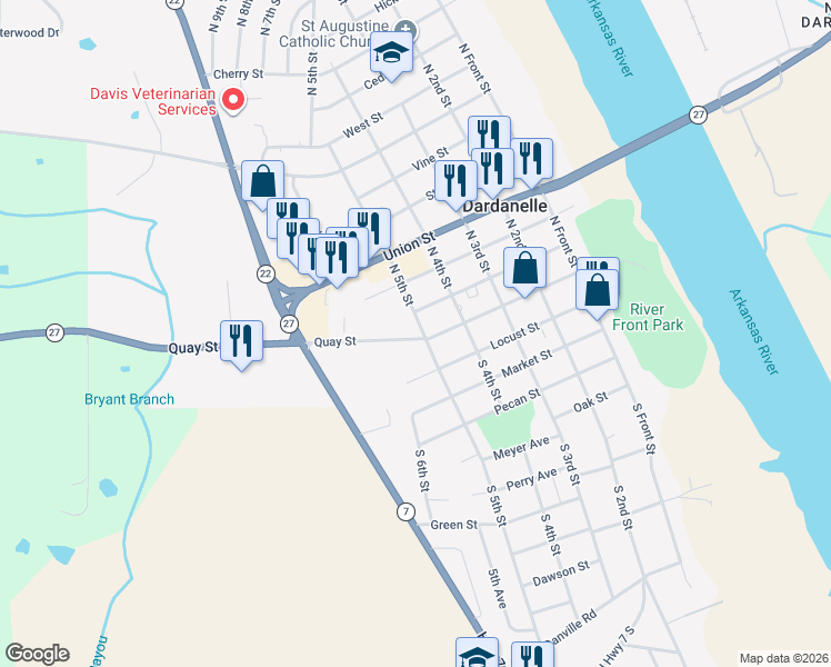 map of restaurants, bars, coffee shops, grocery stores, and more near 301 North 5th Street in Dardanelle