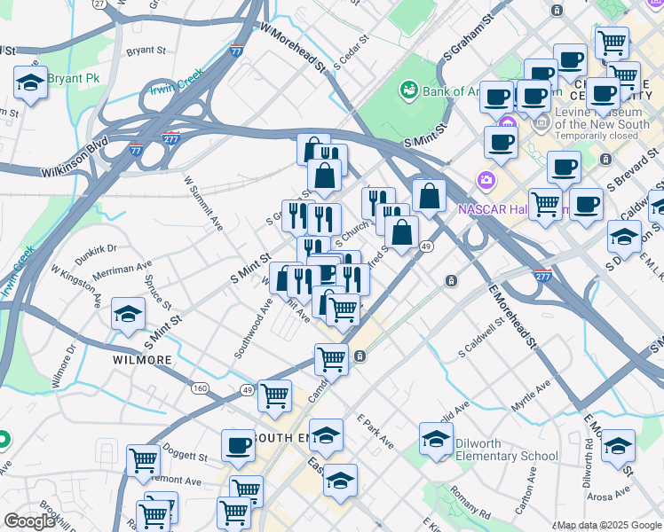 map of restaurants, bars, coffee shops, grocery stores, and more near 1309 South Church Street in Charlotte