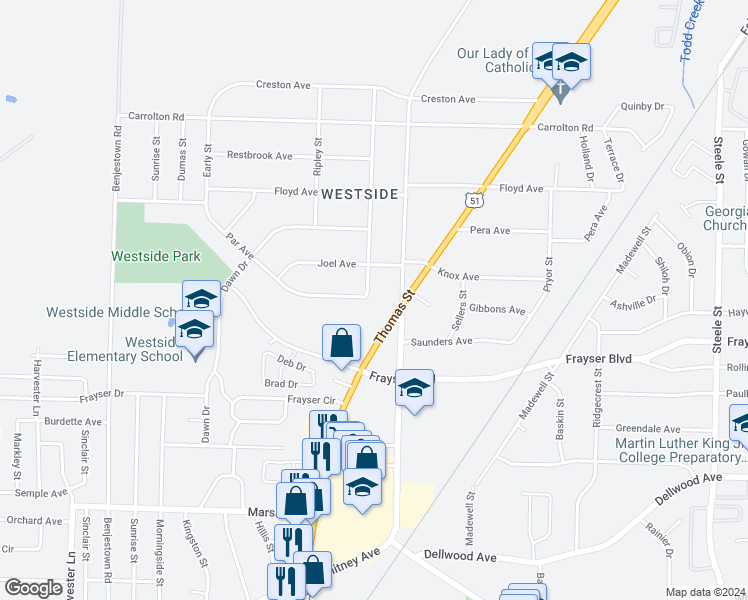 map of restaurants, bars, coffee shops, grocery stores, and more near 3434 Randolph Street in Memphis