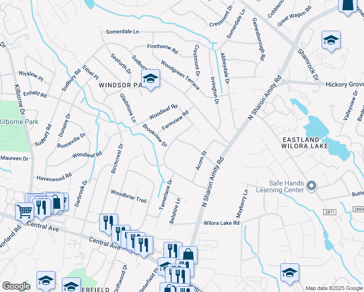 map of restaurants, bars, coffee shops, grocery stores, and more near 4929 Auburndale Road in Charlotte