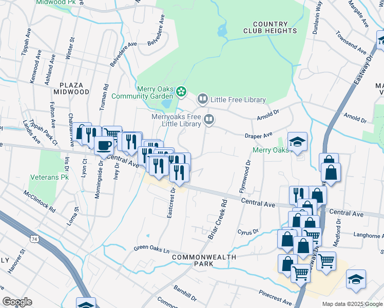map of restaurants, bars, coffee shops, grocery stores, and more near 1800 Arnold Drive in Charlotte