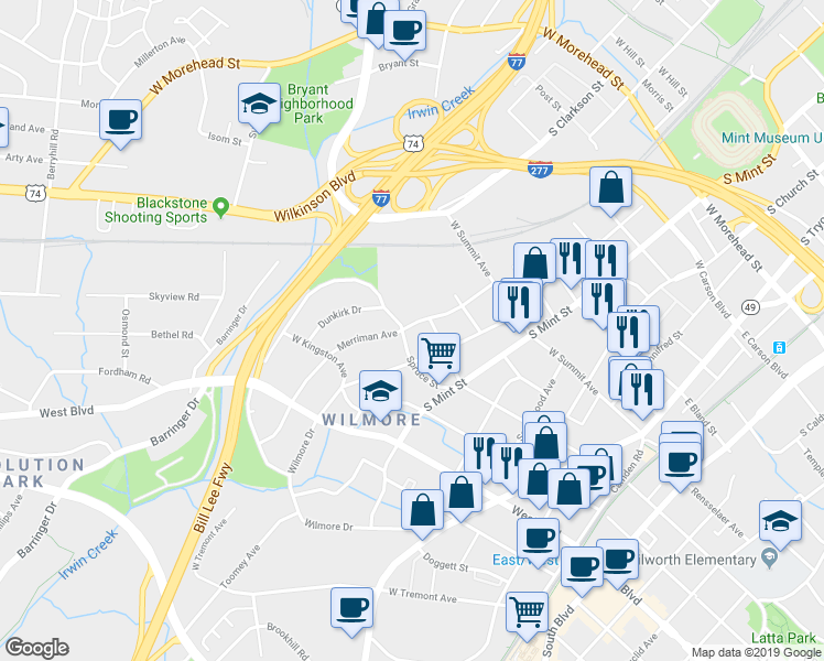 map of restaurants, bars, coffee shops, grocery stores, and more near 1604 Merriman Avenue in Charlotte