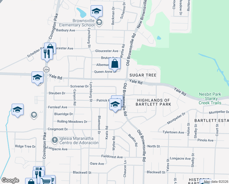 map of restaurants, bars, coffee shops, grocery stores, and more near 3443 Wythe Road in Memphis