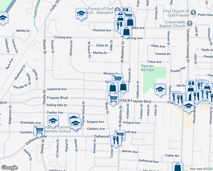map of restaurants, bars, coffee shops, grocery stores, and more near 1736 Gowan Drive in Memphis