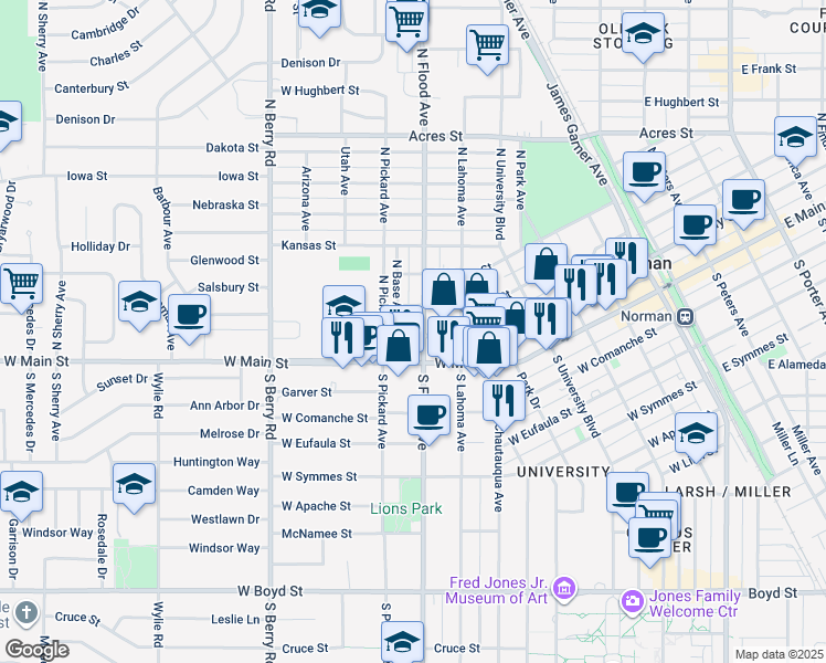 map of restaurants, bars, coffee shops, grocery stores, and more near 218 North Flood Avenue in Norman