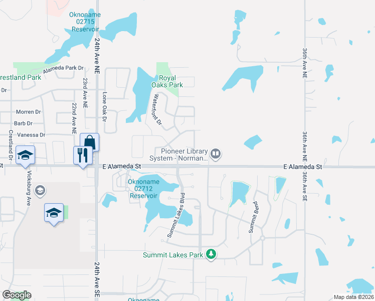 map of restaurants, bars, coffee shops, grocery stores, and more near 2910 Sandstone Circle in Norman