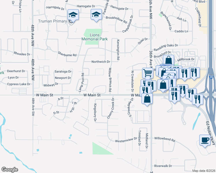 map of restaurants, bars, coffee shops, grocery stores, and more near 203 Willow Branch Road in Norman