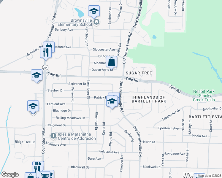 map of restaurants, bars, coffee shops, grocery stores, and more near 3443 Wythe Road in Memphis