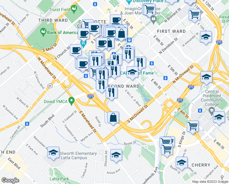 map of restaurants, bars, coffee shops, grocery stores, and more near 413 South Davidson Street in Charlotte