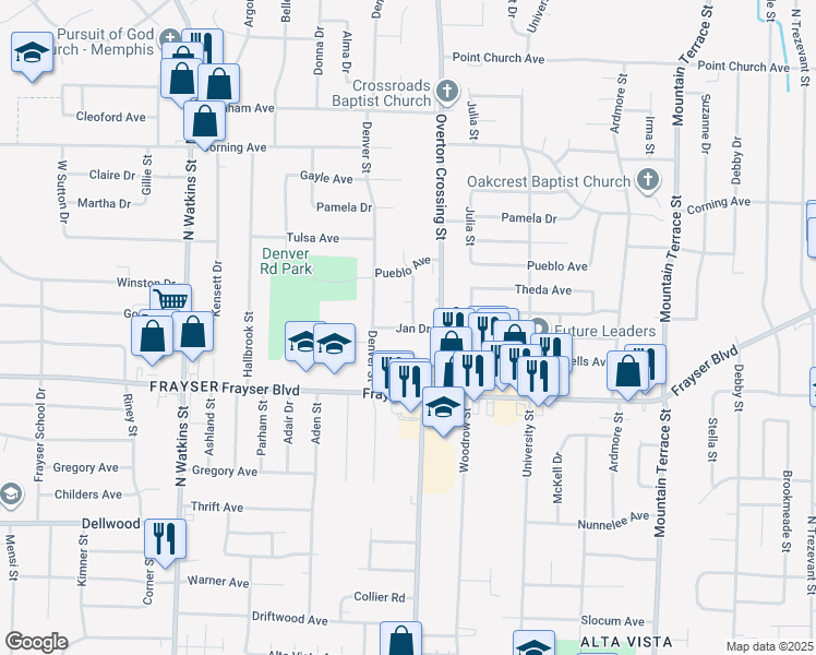 map of restaurants, bars, coffee shops, grocery stores, and more near 2076 Jan Drive in Memphis