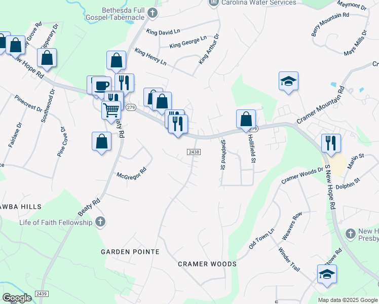 map of restaurants, bars, coffee shops, grocery stores, and more near 3838 South New Hope Road in Gastonia