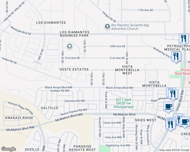 map of restaurants, bars, coffee shops, grocery stores, and more near 2304 12th Street Southeast in Rio Rancho