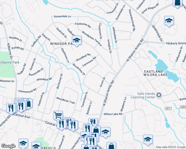 map of restaurants, bars, coffee shops, grocery stores, and more near 4929 Auburndale Road in Charlotte