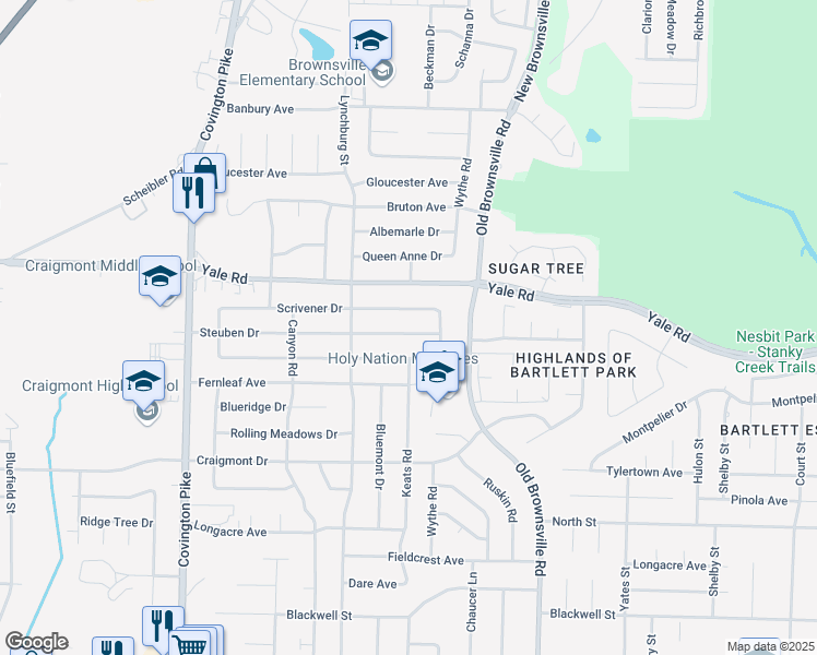 map of restaurants, bars, coffee shops, grocery stores, and more near 5330 Steuben Drive in Memphis