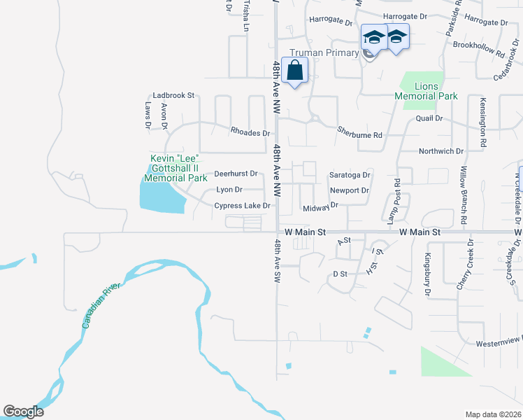 map of restaurants, bars, coffee shops, grocery stores, and more near 4913 Cypress Lake Drive in Norman