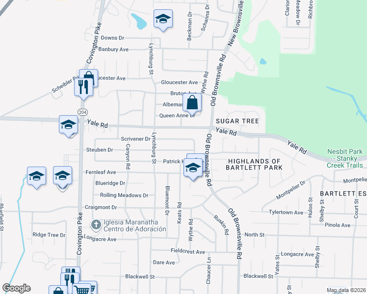 map of restaurants, bars, coffee shops, grocery stores, and more near 5322 Scrivener Drive in Bartlett