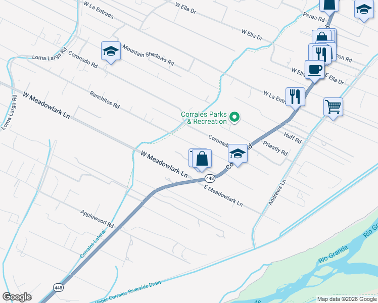 map of restaurants, bars, coffee shops, grocery stores, and more near 78 Devon John Lane in Corrales