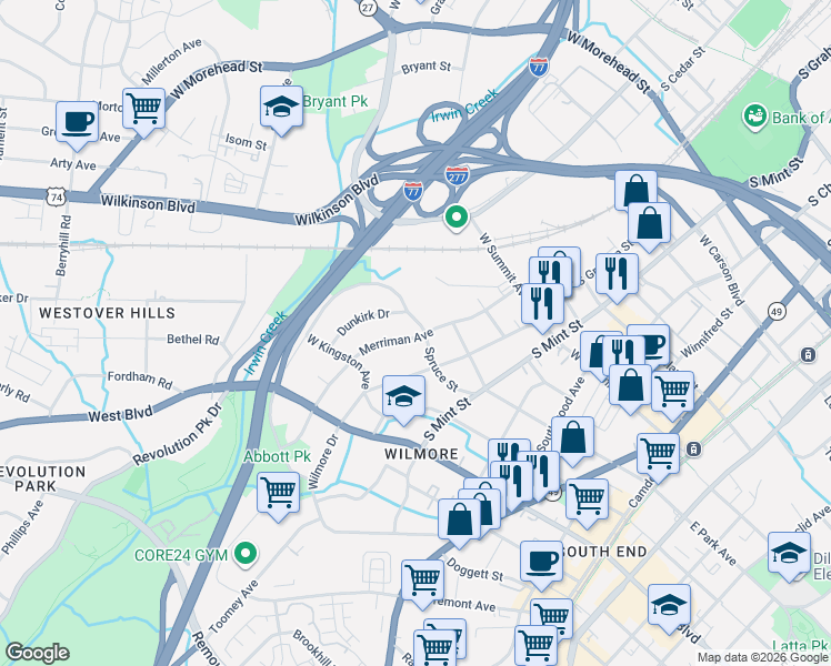map of restaurants, bars, coffee shops, grocery stores, and more near 1702 Merriman Avenue in Charlotte