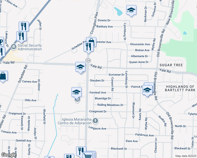 map of restaurants, bars, coffee shops, grocery stores, and more near 5124 Steuben Drive in Memphis