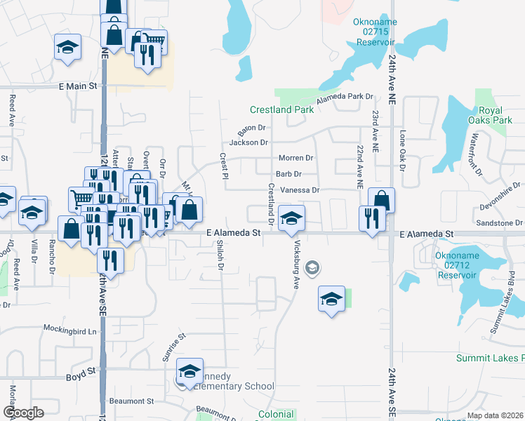 map of restaurants, bars, coffee shops, grocery stores, and more near 1713 Hillcrest Drive in Norman