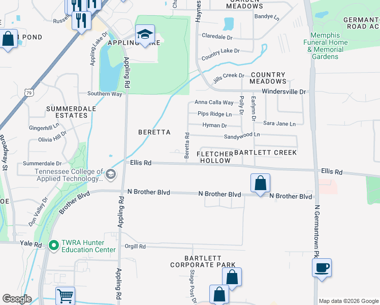 map of restaurants, bars, coffee shops, grocery stores, and more near 3438 Beretta Road in Memphis