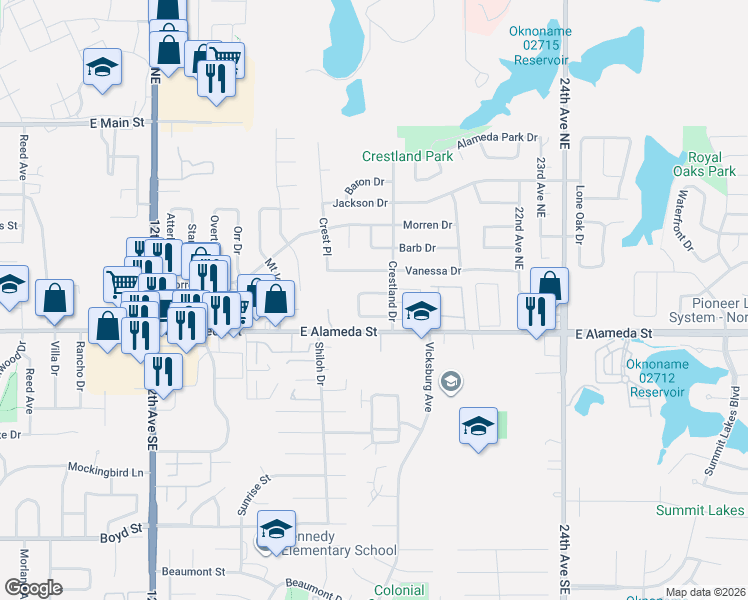 map of restaurants, bars, coffee shops, grocery stores, and more near 1713 Hillcrest Drive in Norman