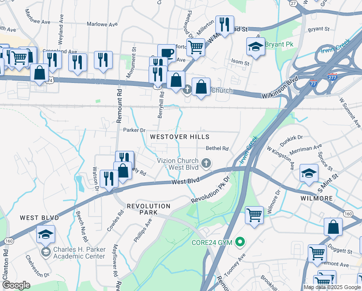 map of restaurants, bars, coffee shops, grocery stores, and more near 1354 Bethel Road in Charlotte