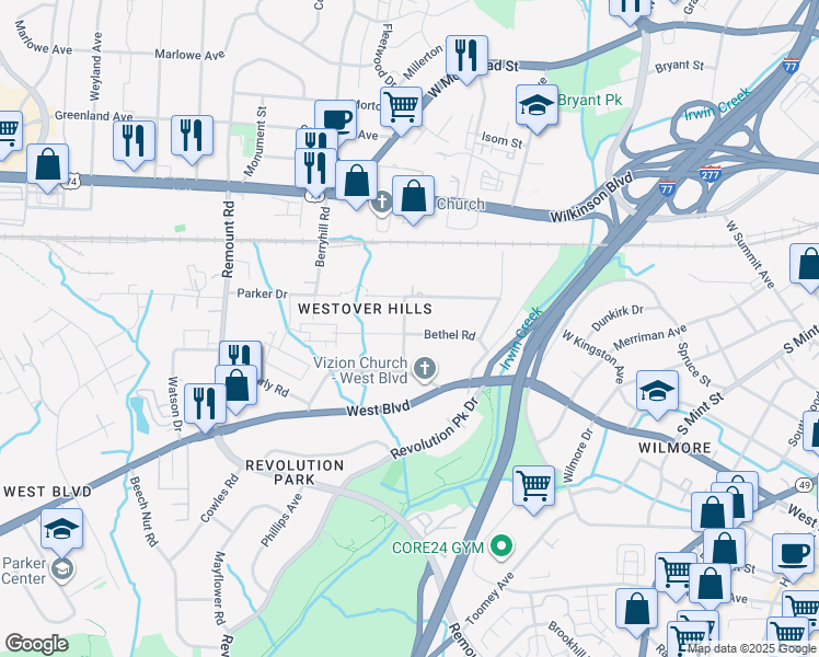 map of restaurants, bars, coffee shops, grocery stores, and more near 1219 Skyview Road in Charlotte