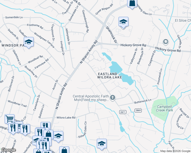 map of restaurants, bars, coffee shops, grocery stores, and more near 5720 Vernedale Road in Charlotte
