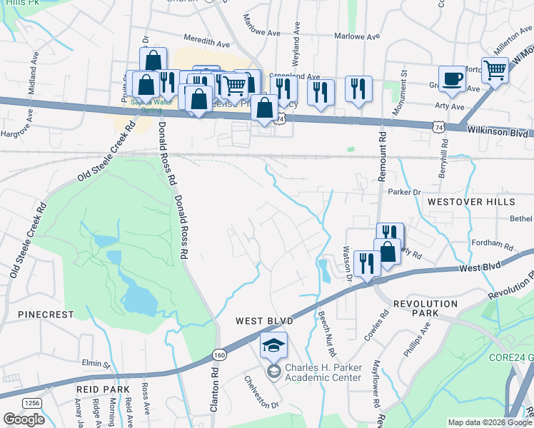 map of restaurants, bars, coffee shops, grocery stores, and more near 2620 Mimosa Ridge Court in Charlotte