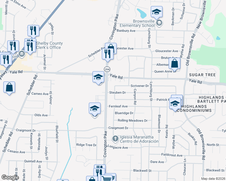 map of restaurants, bars, coffee shops, grocery stores, and more near 3453 Gatewood Drive in Memphis
